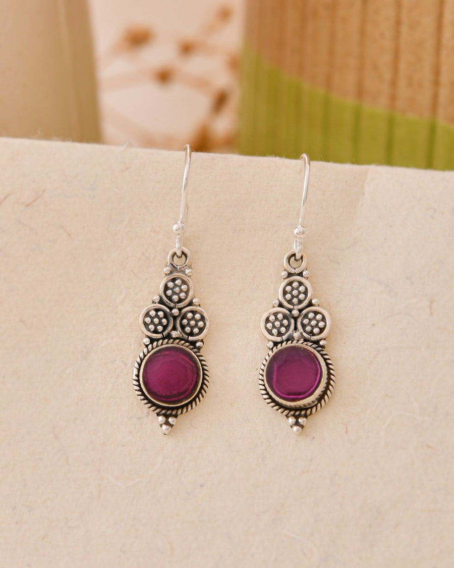 Antique Oxidised 925 Sterling Silver Magenta Gemstone Drop Earrings