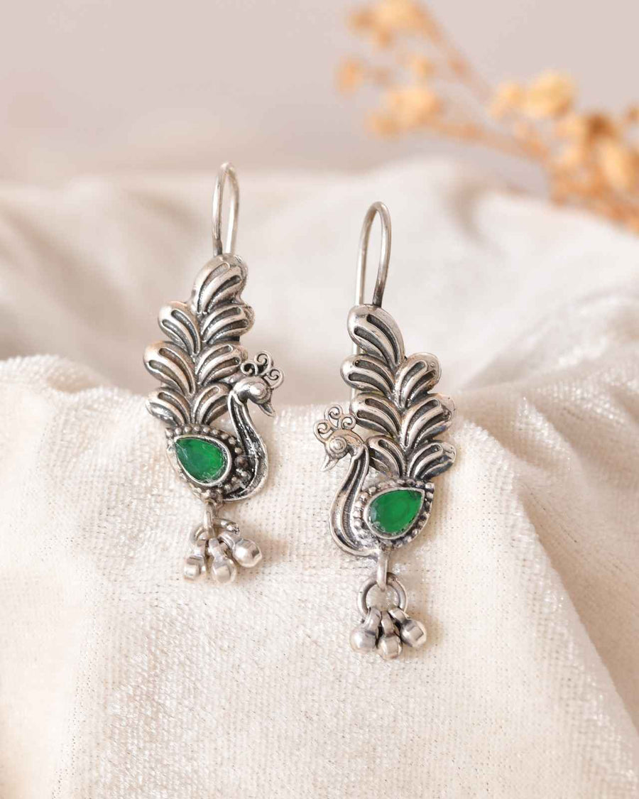 Handcrafted 925 Silver Green Gemstone Peacock Drop Earrings