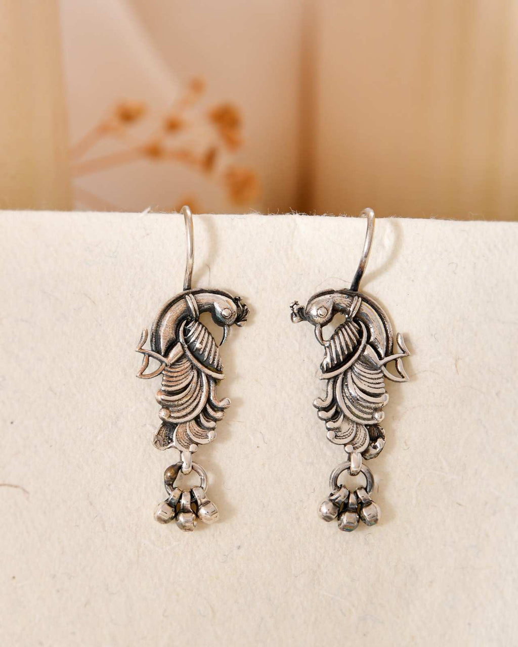 Handcrafted 925 Silver Peacock Drop Earrings
