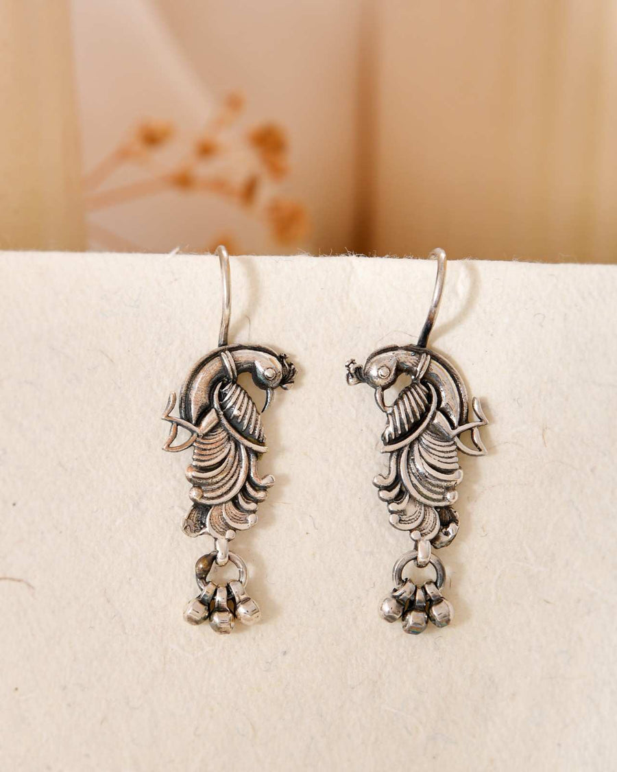 Handcrafted 925 Silver Peacock Drop Earrings