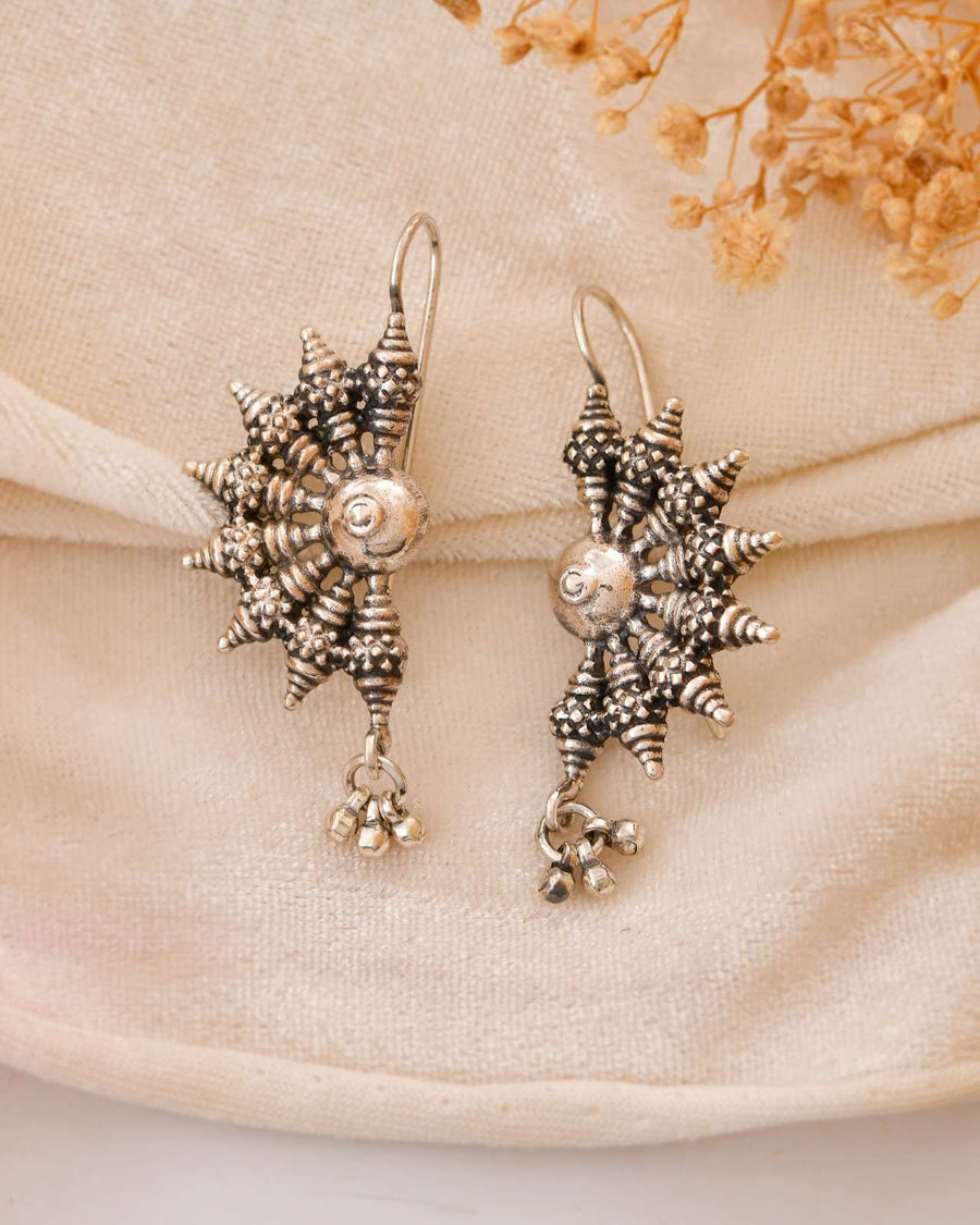 Antique Oxidised 925 Sterling Silver Sunburst Spiked Drop Earrings