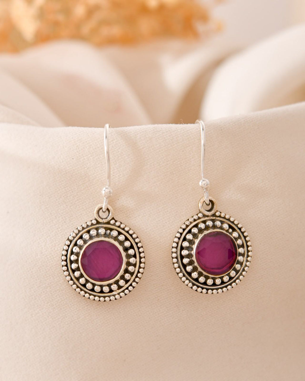 Antique Oxidised 925 Sterling Silver Circular Magenta Gemstone Drop Earrings