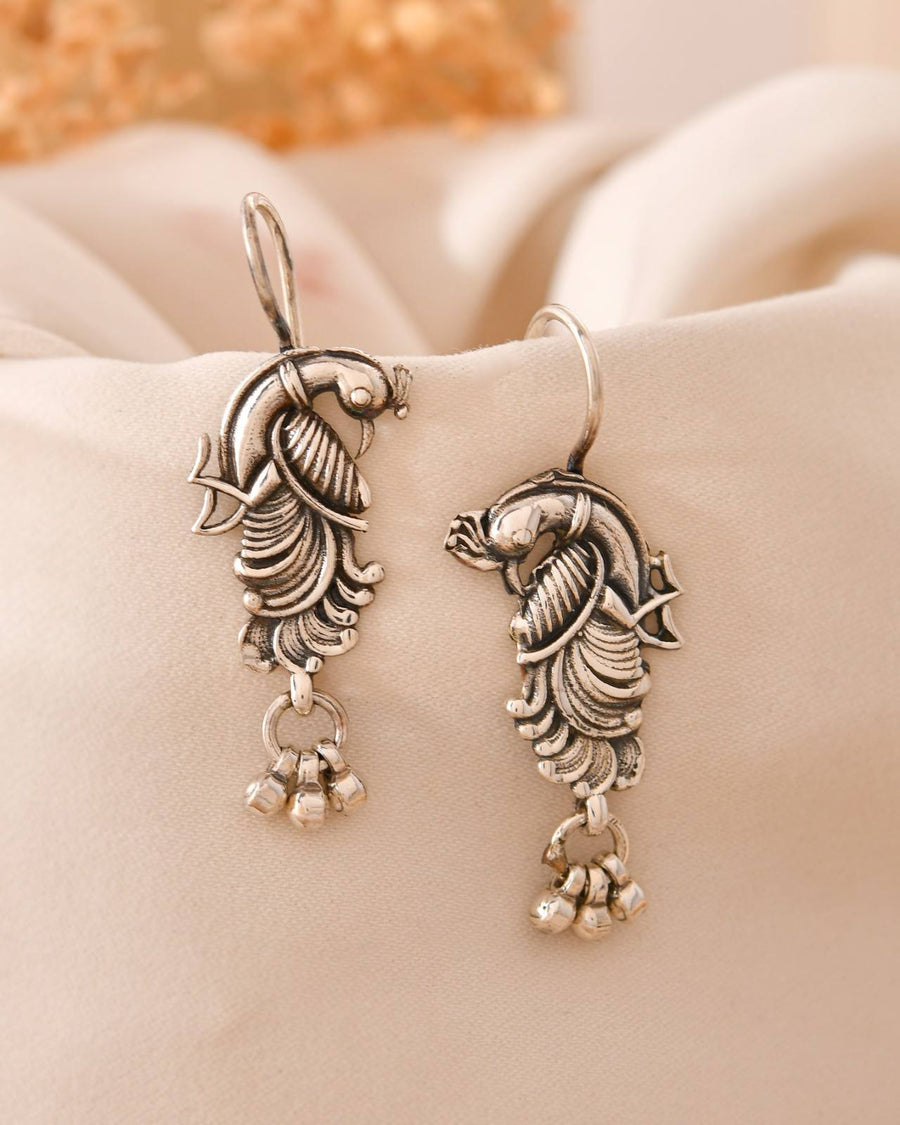 Antique Oxidised 925 Sterling Silver Peacock Drop Earrings