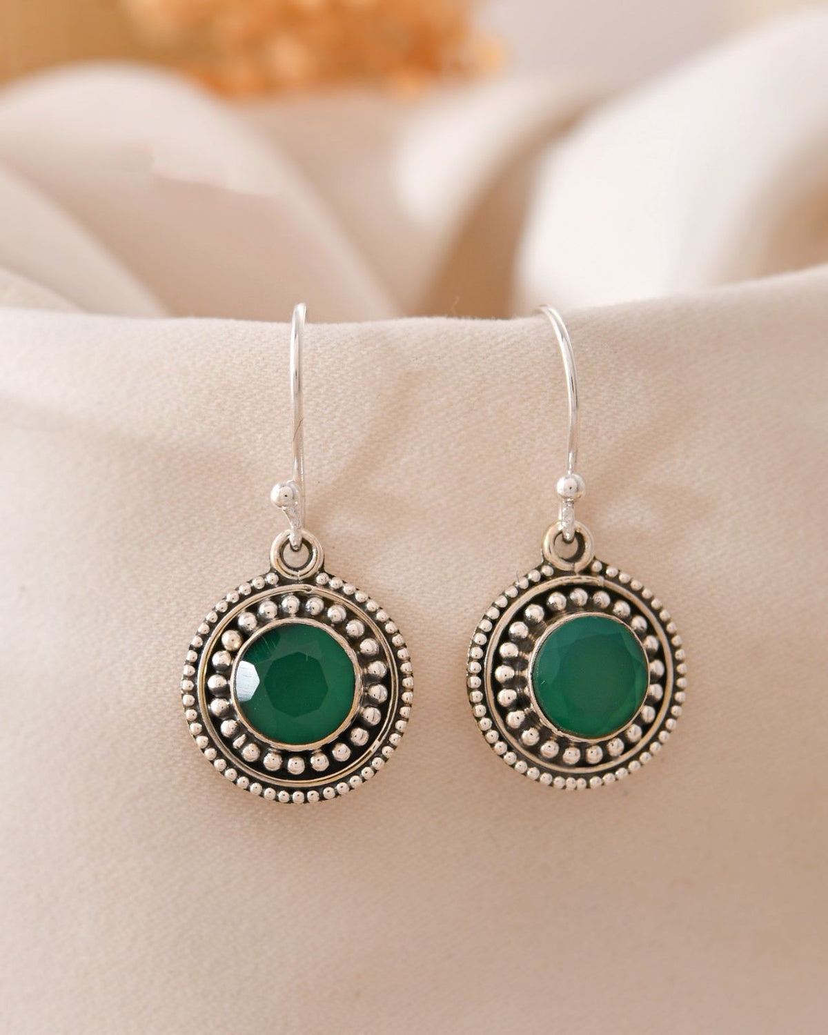 Handcrafted 925 Silver Green Gemstone Circular Drop Earrings