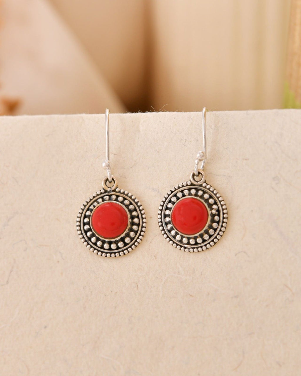 Handcrafted 925 Silver Red Gemstone Circular Drop Earrings