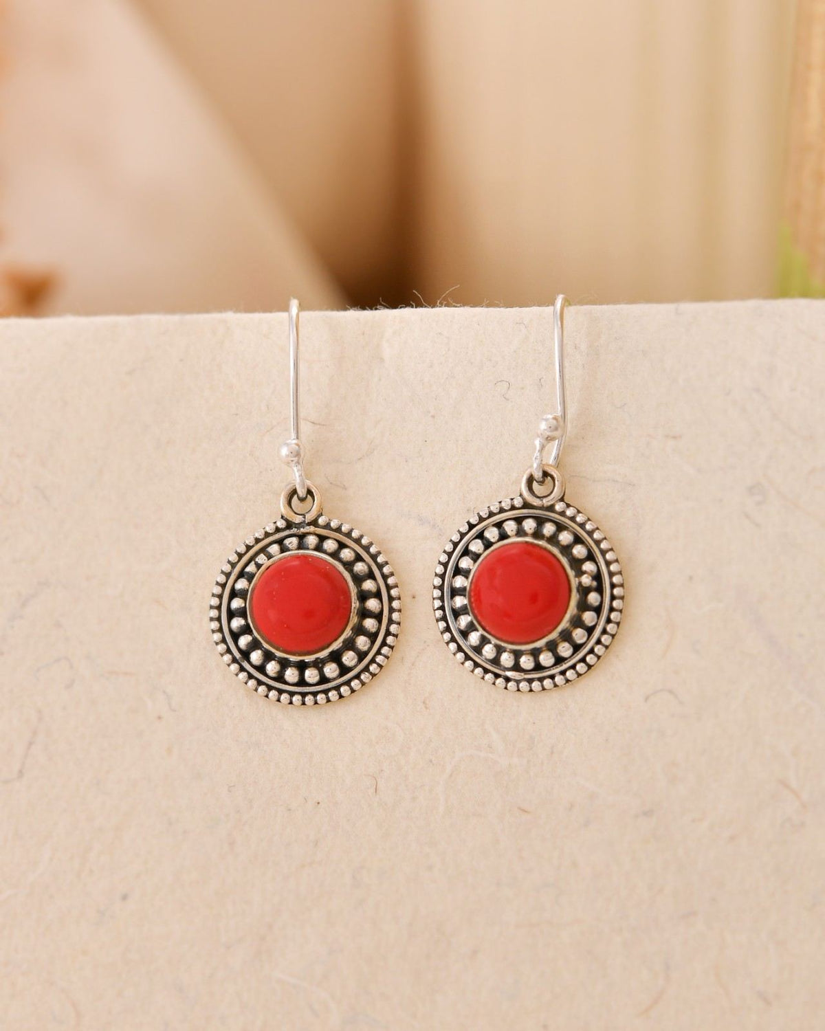 Handcrafted 925 Silver Red Gemstone Circular Drop Earrings