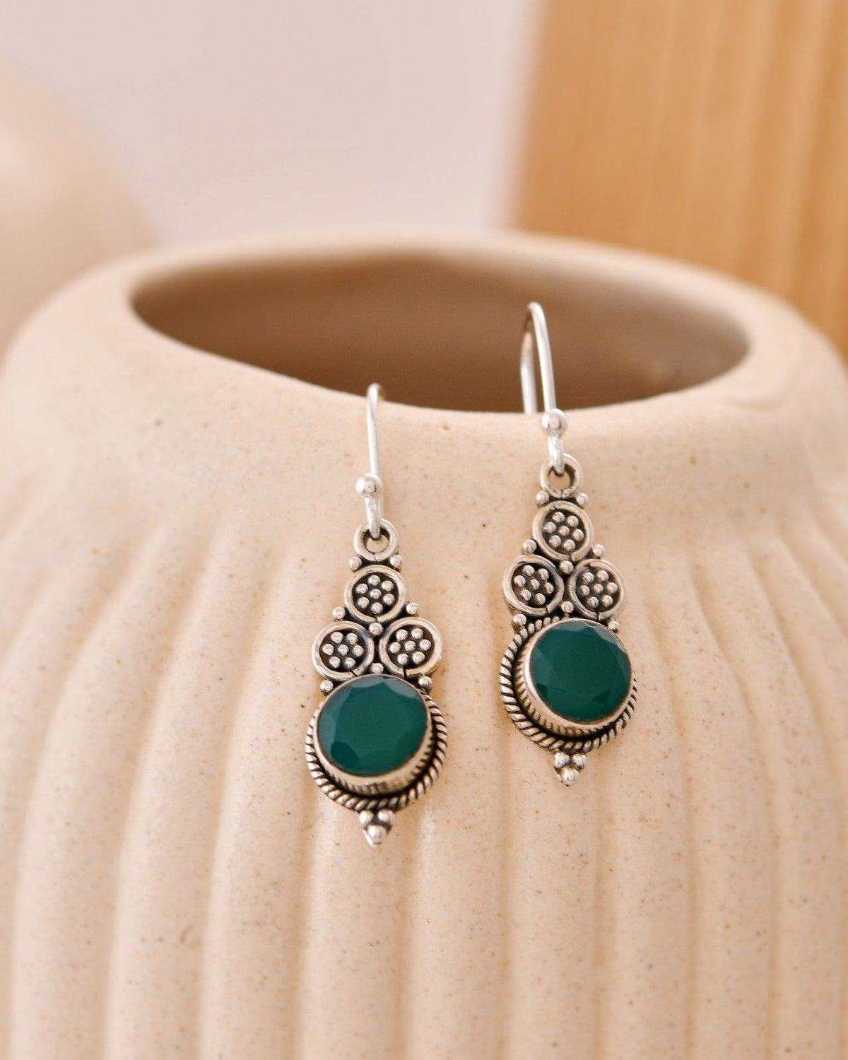 Handcrafted 925 Silver Green Gemstone Tiered Drop Earrings