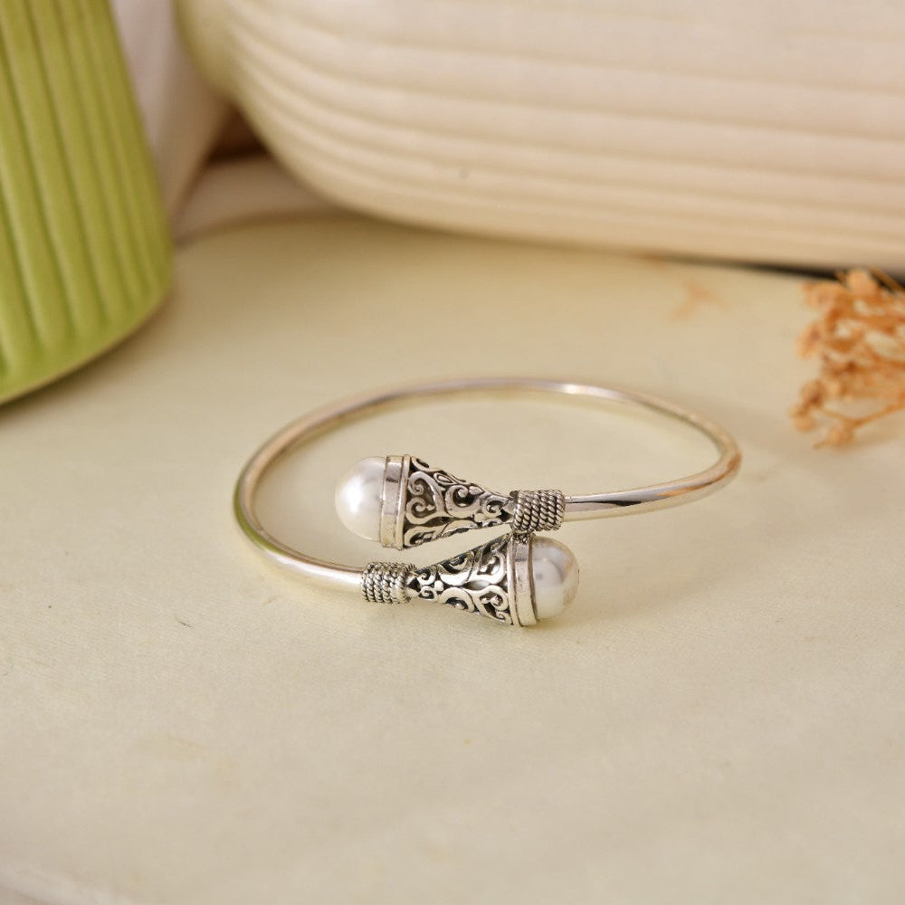 Pearl Embellished Ornate Silver Bracelet Bangle