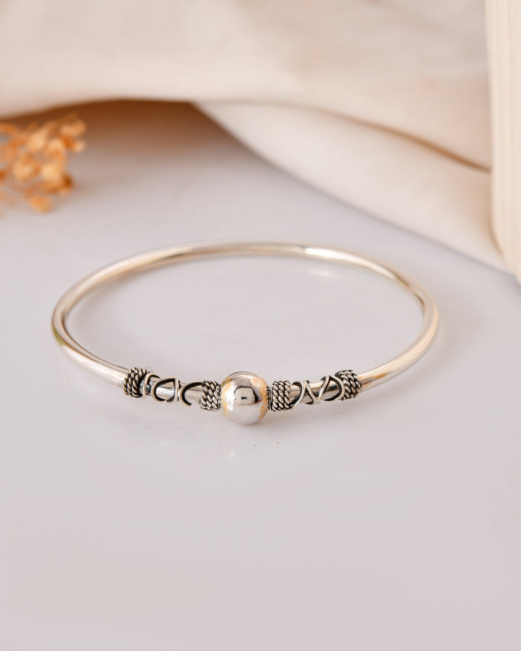Ornate Round Bead Silver Bangle