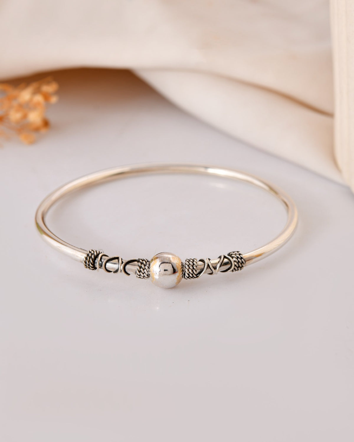 Ornate Round Bead Silver Bangle