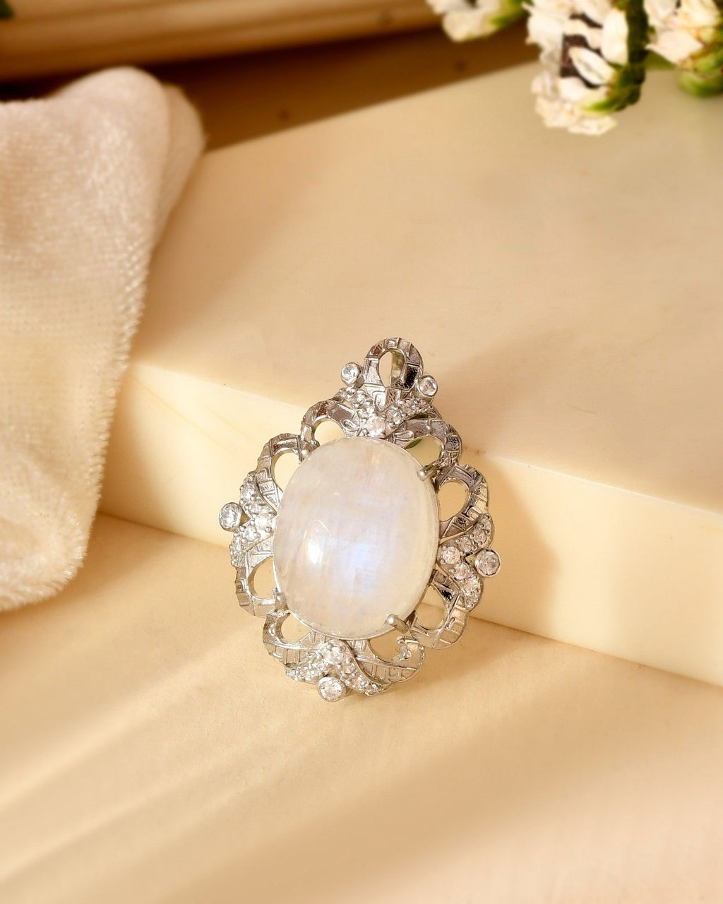 Vintage-Inspired 925 Sterling Silver Oval Natural Moonstone Pendant with CZ Accents (Pendant Only)