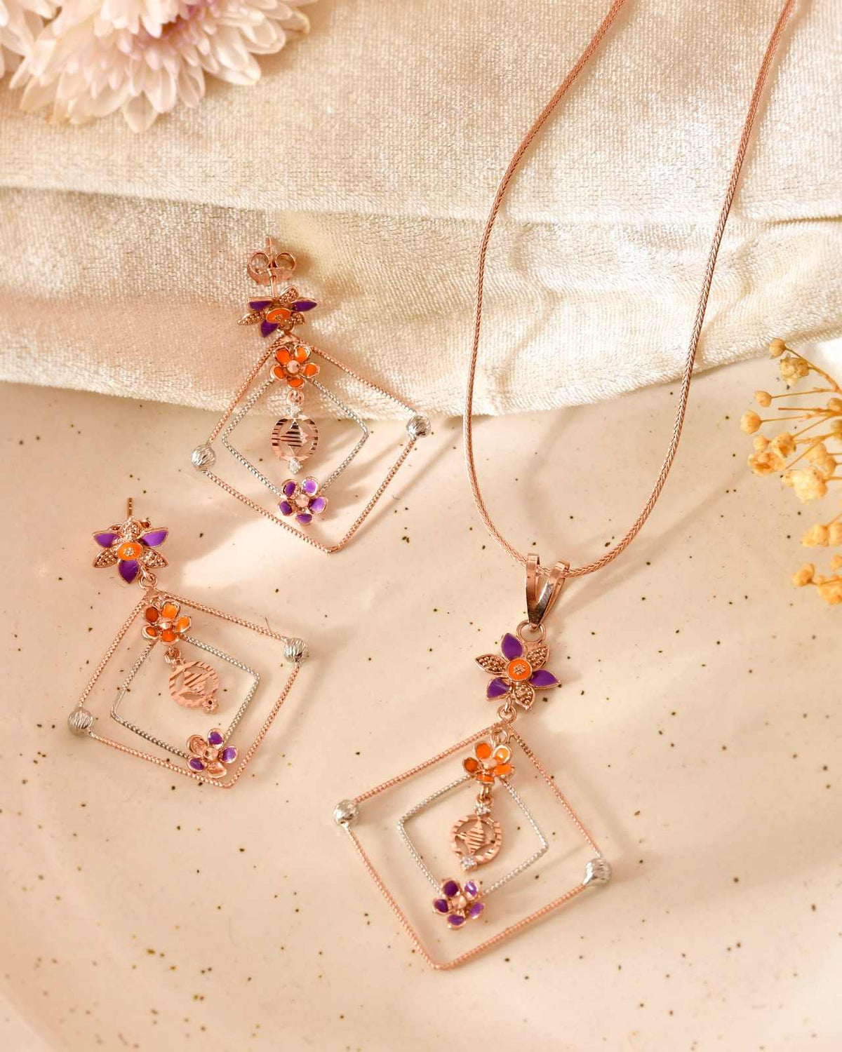 Floral Geometric 925 Sterling Silver Rose Gold & Enamel Pendant Set with Drop Earrings (Pendant & Earrings Only)