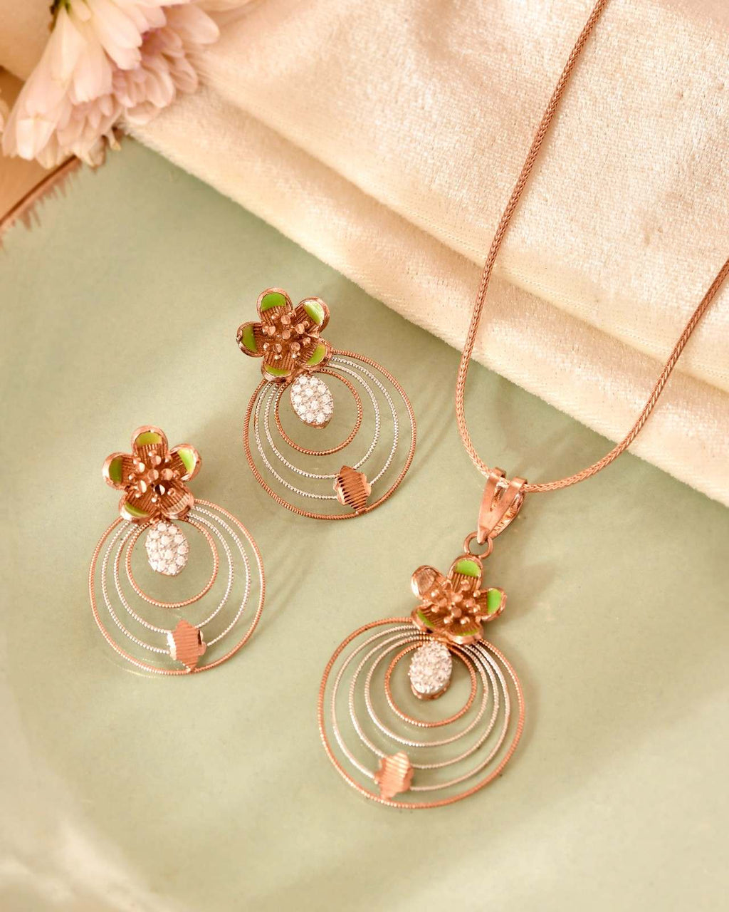 Floral Concentric Circle 925 Sterling Silver Rose Gold & Green Enamel Pendant Set with Earrings (Pendant & Earrings Only)