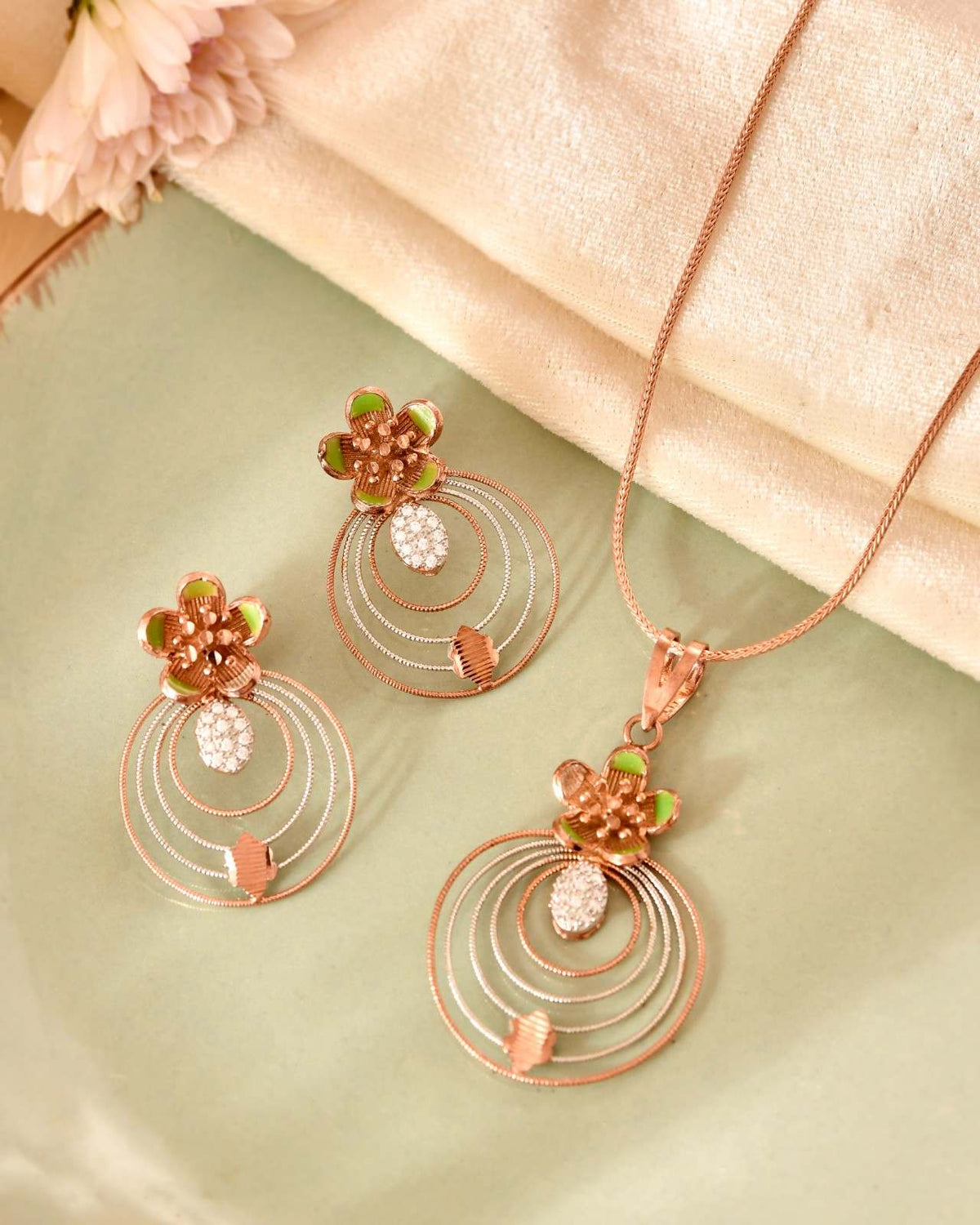 Floral Concentric Circle 925 Sterling Silver Rose Gold & Green Enamel Pendant Set with Earrings (Pendant & Earrings Only)