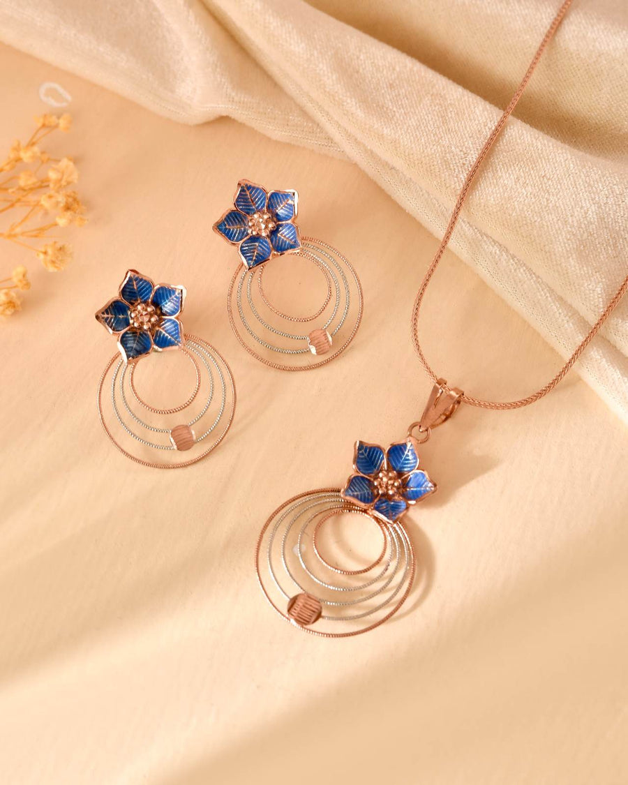 Anti-Tarnish Floral Concentric Circle 925 Sterling Silver Rose Gold & Blue Enamel Pendant Set with Earrings (Pendant & Earrings Only)