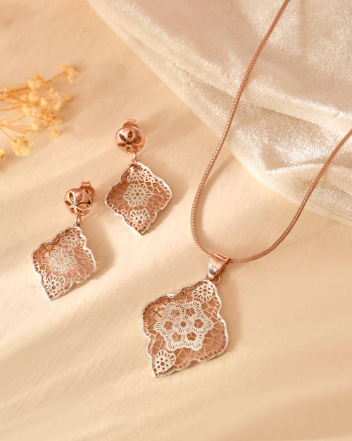 Anti-Tarnish Vintage Filigree 925 Sterling Silver Rose Gold Pendant Set with Drop Earrings (Pendant & Earrings Only)
