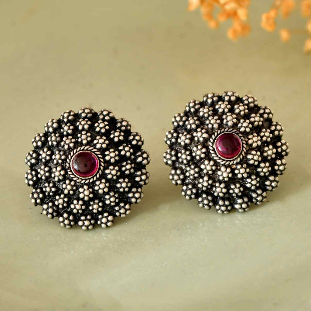 Handcrafted 925 Silver Pink Gemstone Floral Granulated Stud Earrings