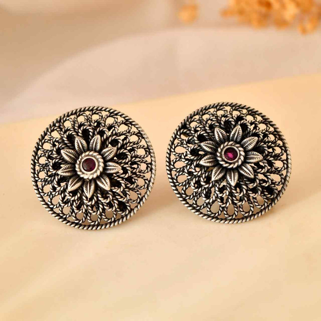Handcrafted 925 Silver Pink Stone Filigree Floral Stud Earrings