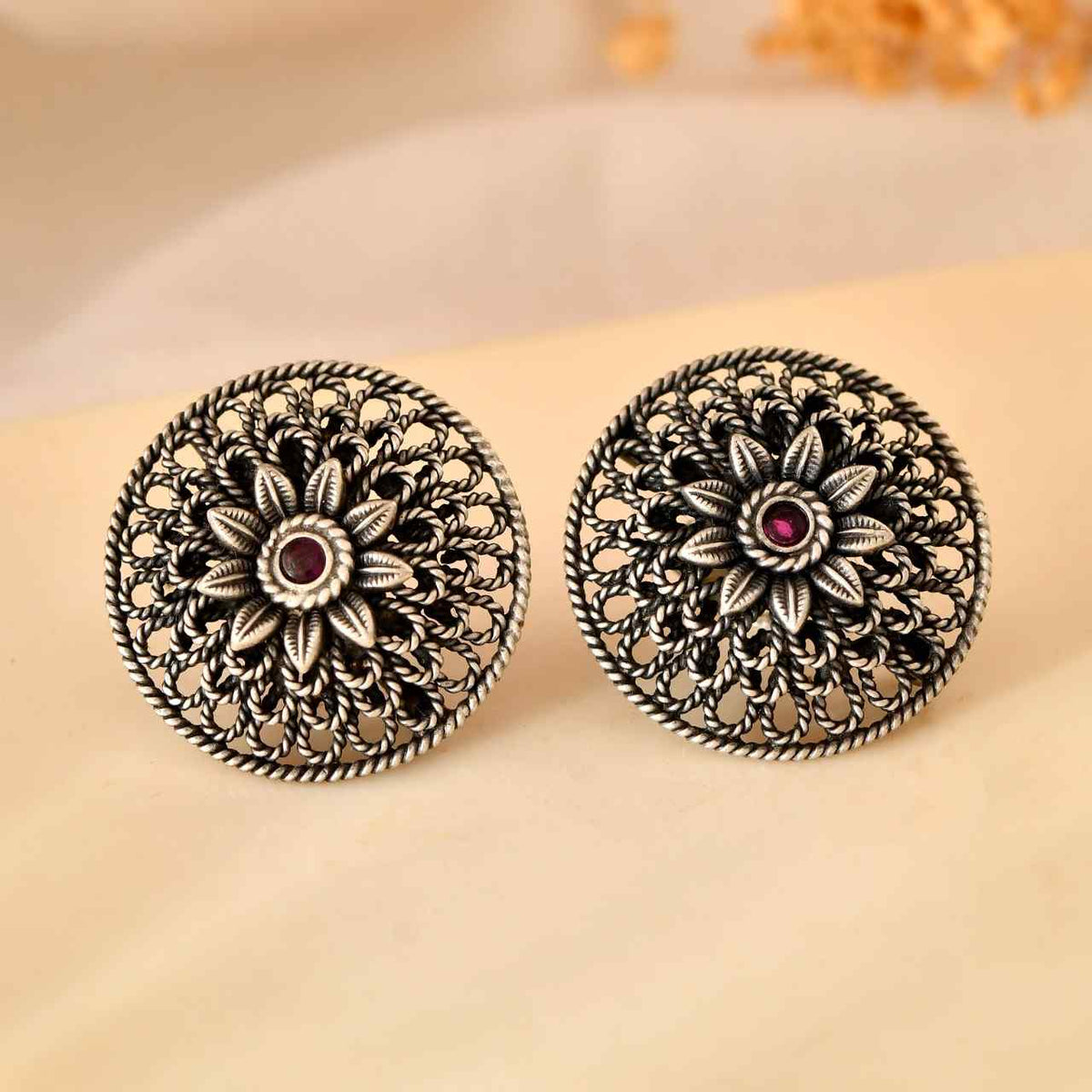 Handcrafted 925 Silver Pink Stone Filigree Floral Stud Earrings