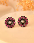 Handcrafted 925 Silver Pink Teardrop Stone Floral Stud Earrings