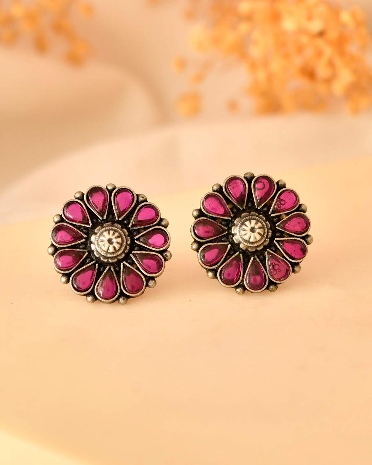 Handcrafted 925 Silver Pink Teardrop Stone Floral Stud Earrings